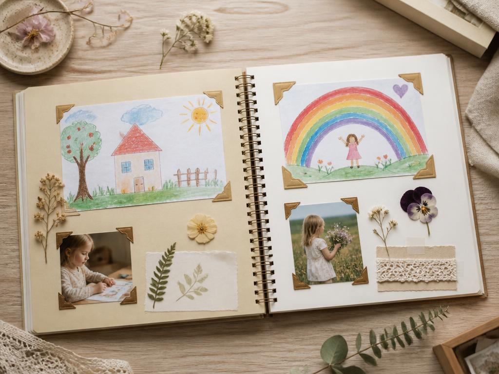A scrapbook filled with a child's artwork, photos, and keepsakes