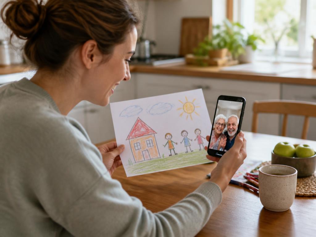 Parent sharing a child's drawing with grandparents on a video call