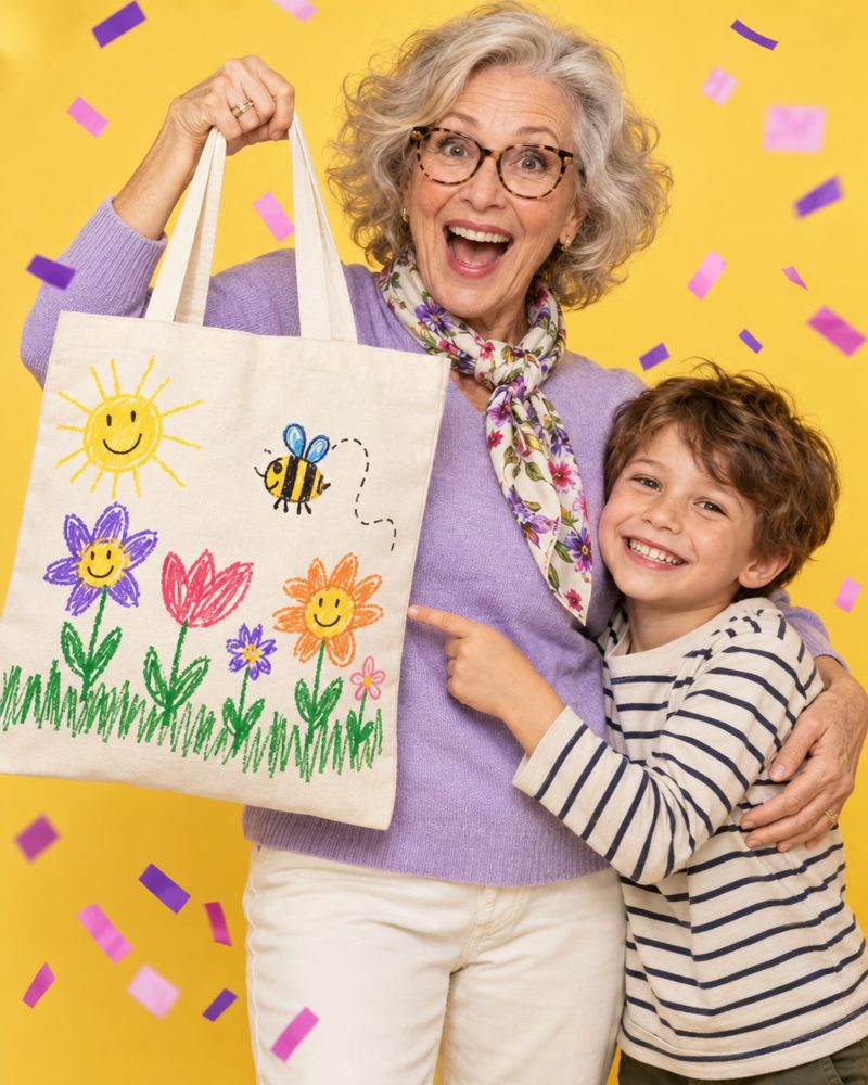 Tote bag printed with a kid's drawing