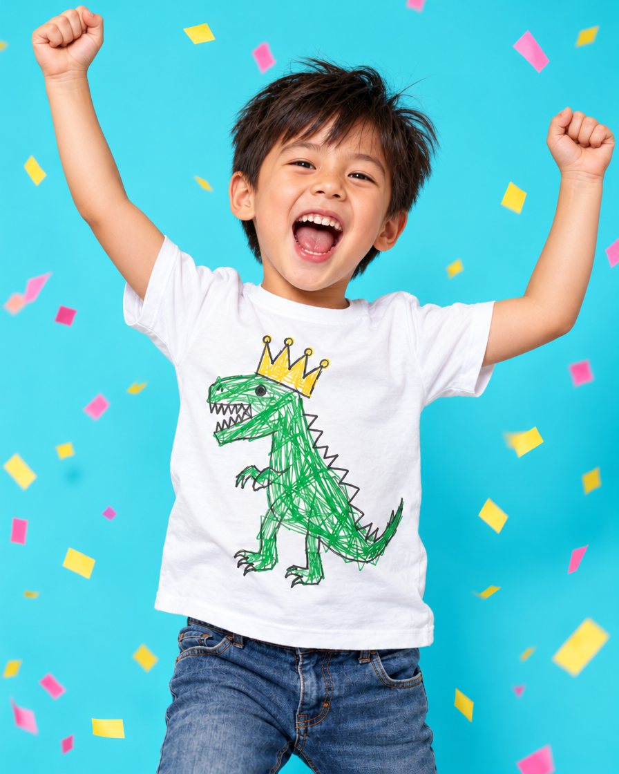 Youth tee printed with a kid's drawing