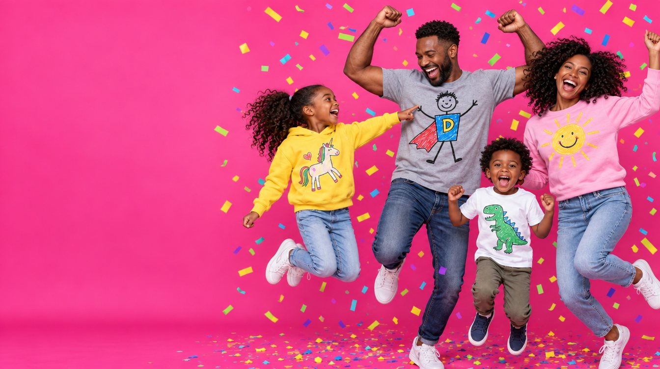 Family jumping together in confetti wearing their children's colorful artwork