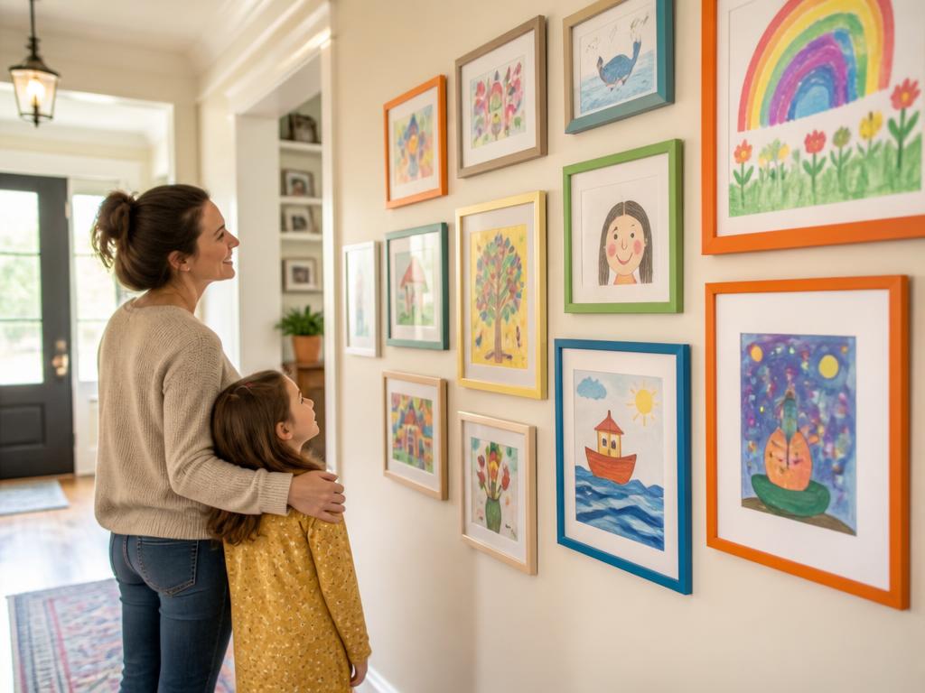 A home gallery wall of framed children's artwork