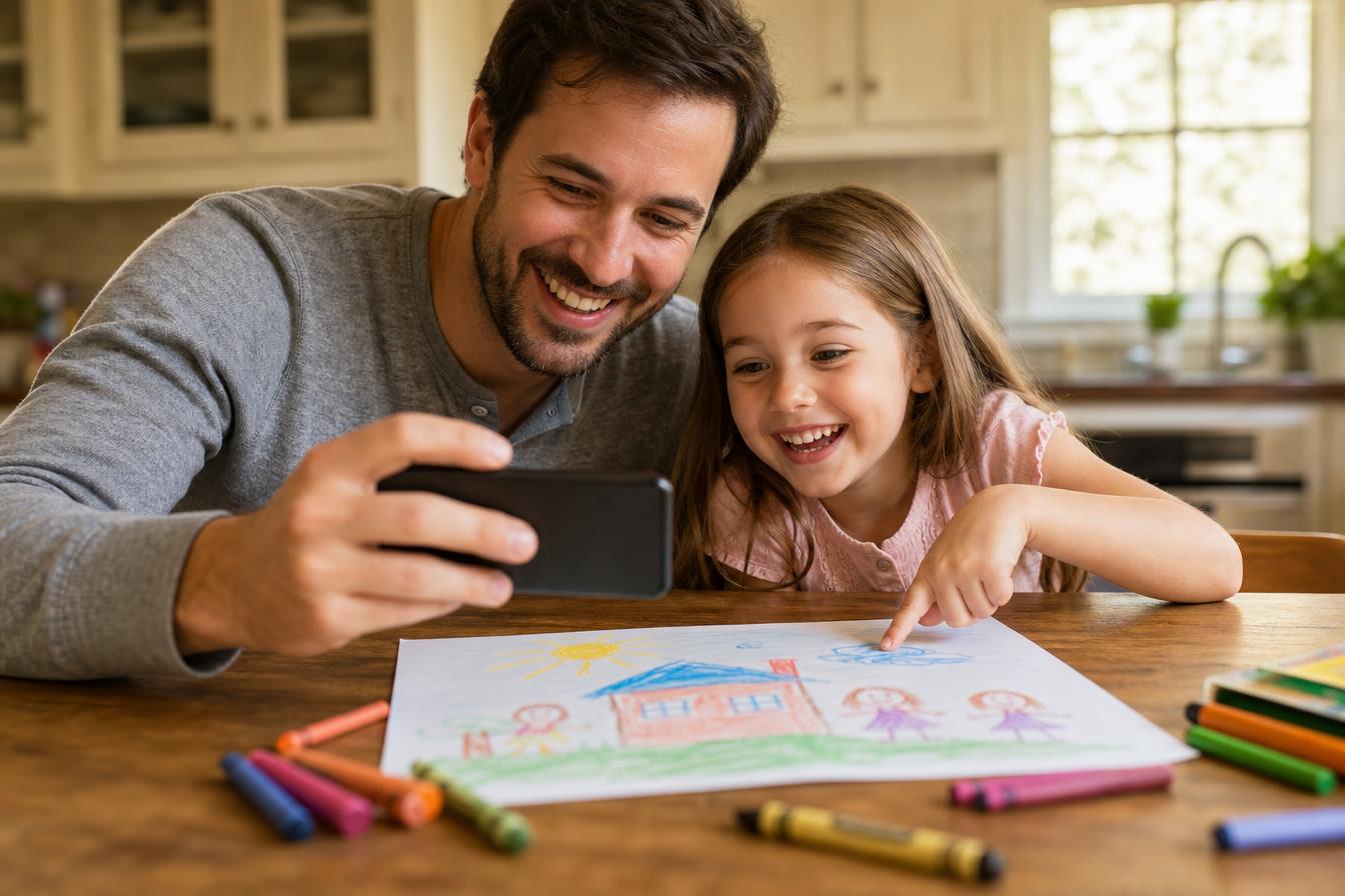 Parent taking a photo of a child's drawing at a kitchen table