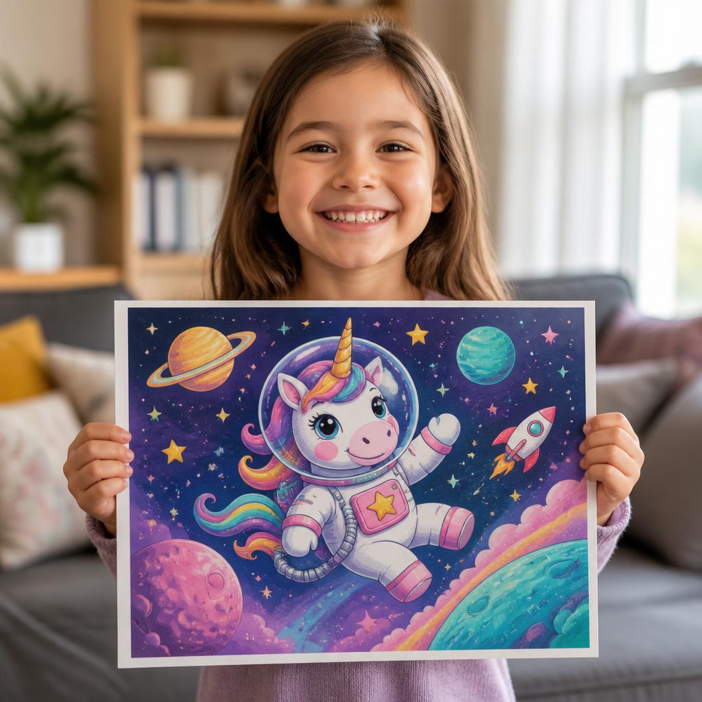 Kid proudly holding up their drawing