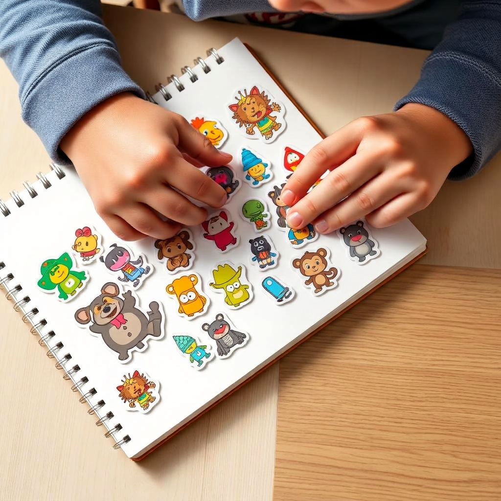Kid sticking their custom stickers on a notebook