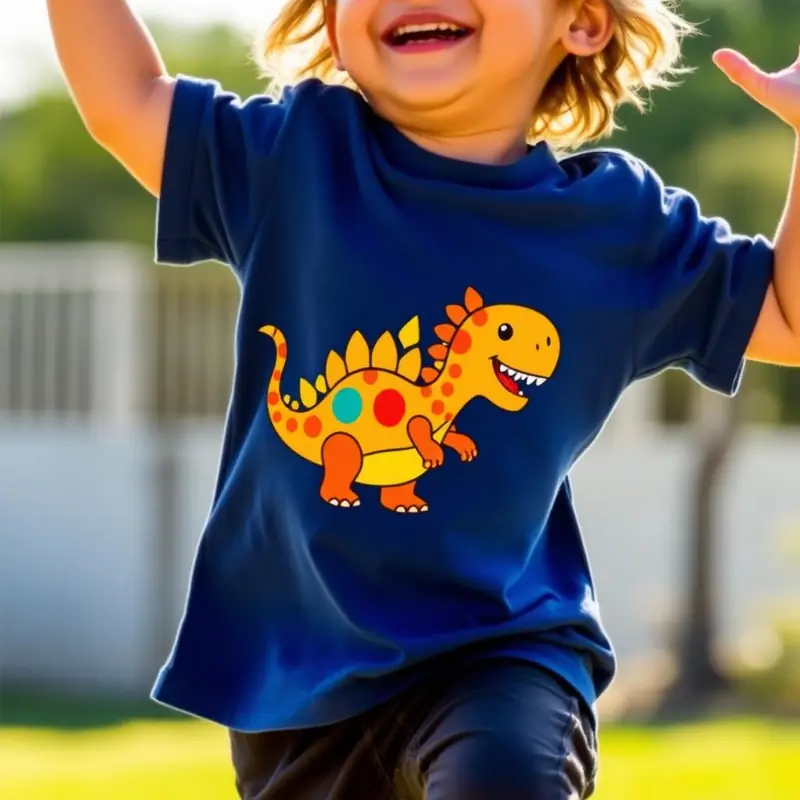 Kid wearing a tee with their dinosaur design