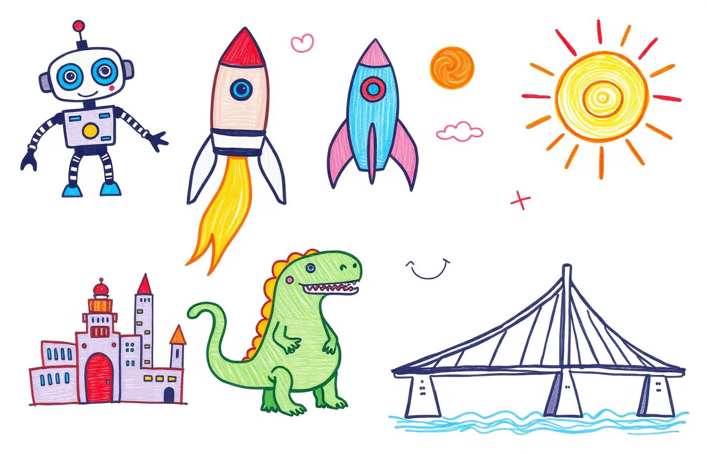 Colorful kid-style drawings of a robot, rockets, a dinosaur, a city, the sun, and a bridge