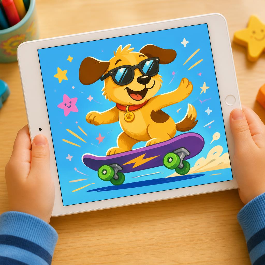 Child holding a tablet showing colorful designs