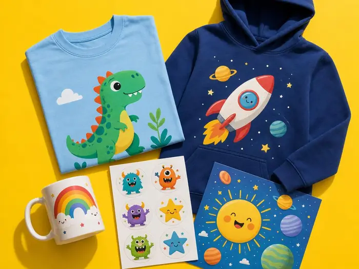 Flat lay of a t-shirt, hoodie, mug, poster and stickers