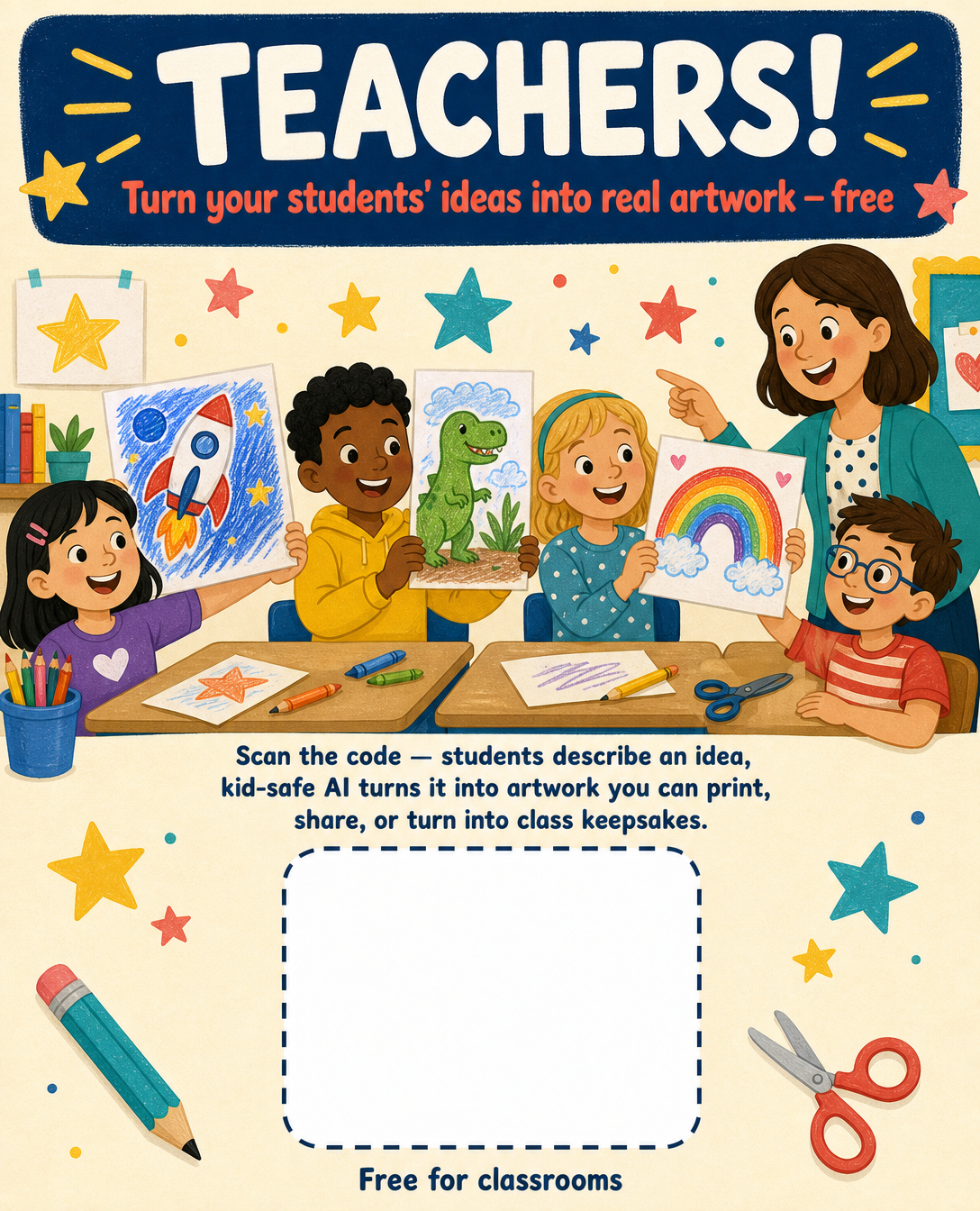 Imagine That classroom flyer for teachers with kids holding up their artwork and a QR code
