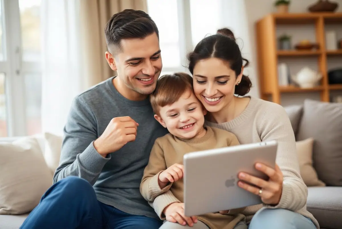 Parent and child laughing together while looking at a tablet