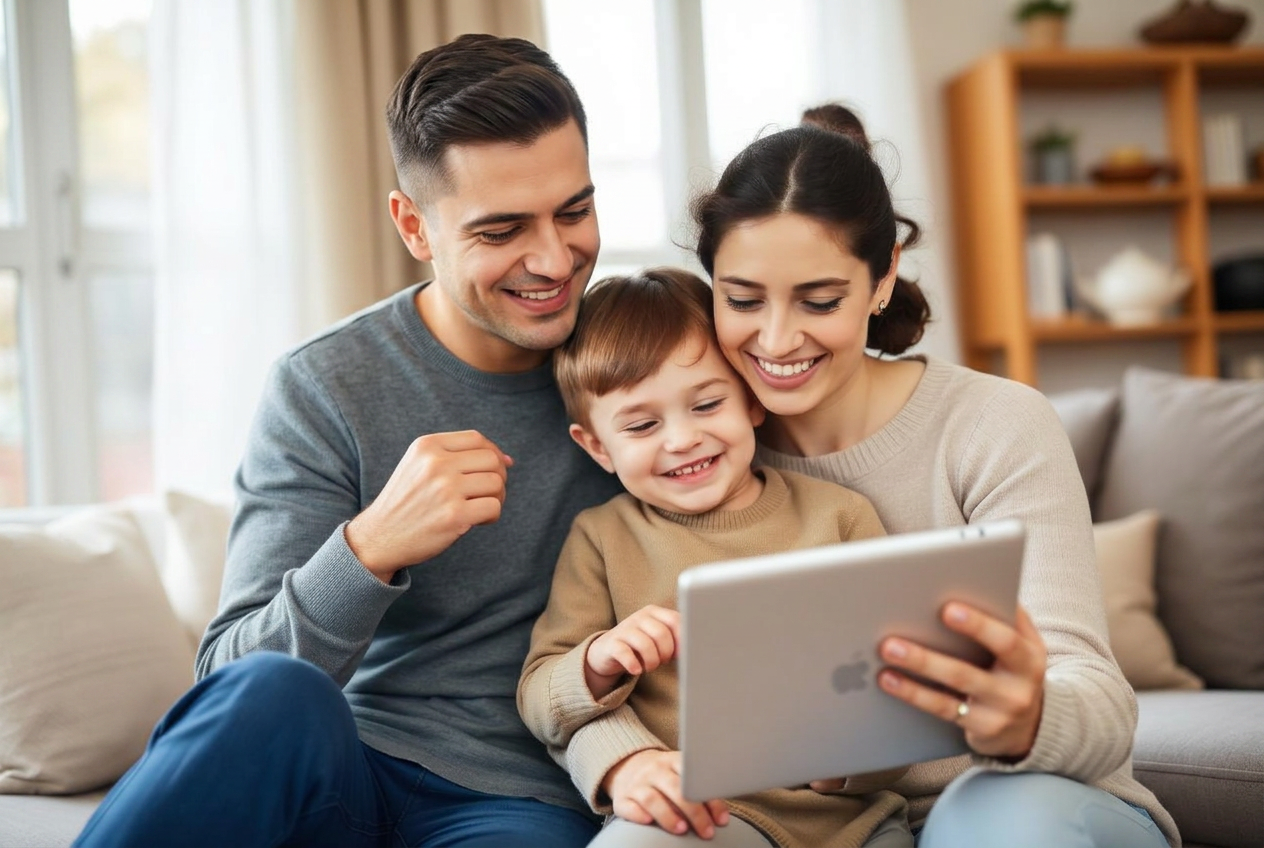 Parent and child laughing together while looking at a tablet